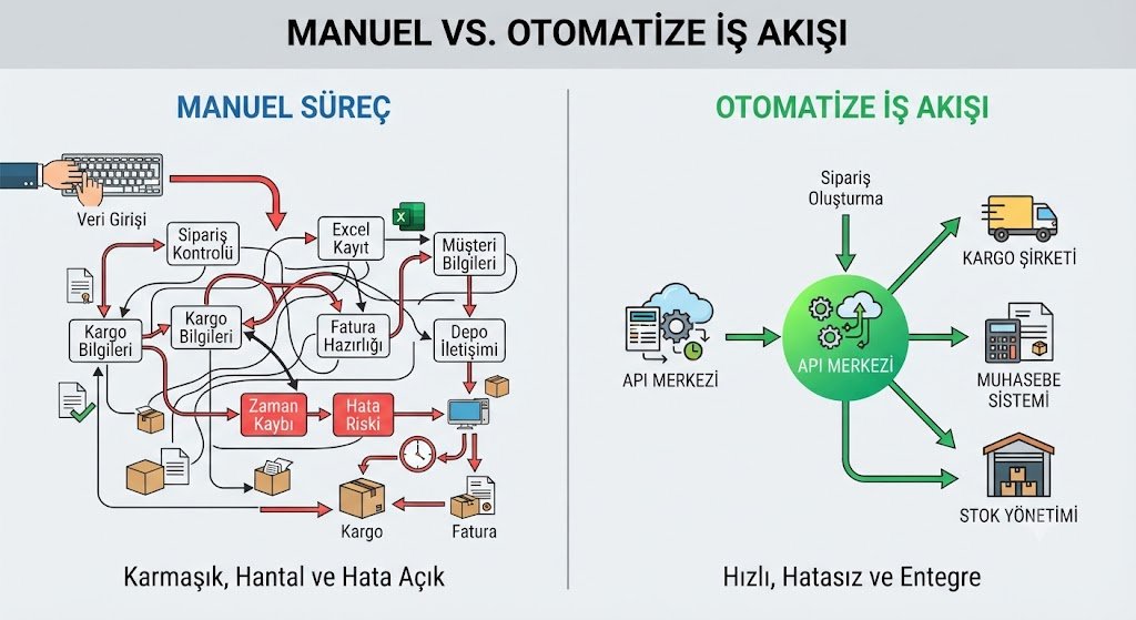 Teknova Yazılım dijitalleşme rehberi için hazırlanan, manuel operasyonlar ile otomatize edilmiş API sistemlerinin karşılaştırmalı akış şeması.